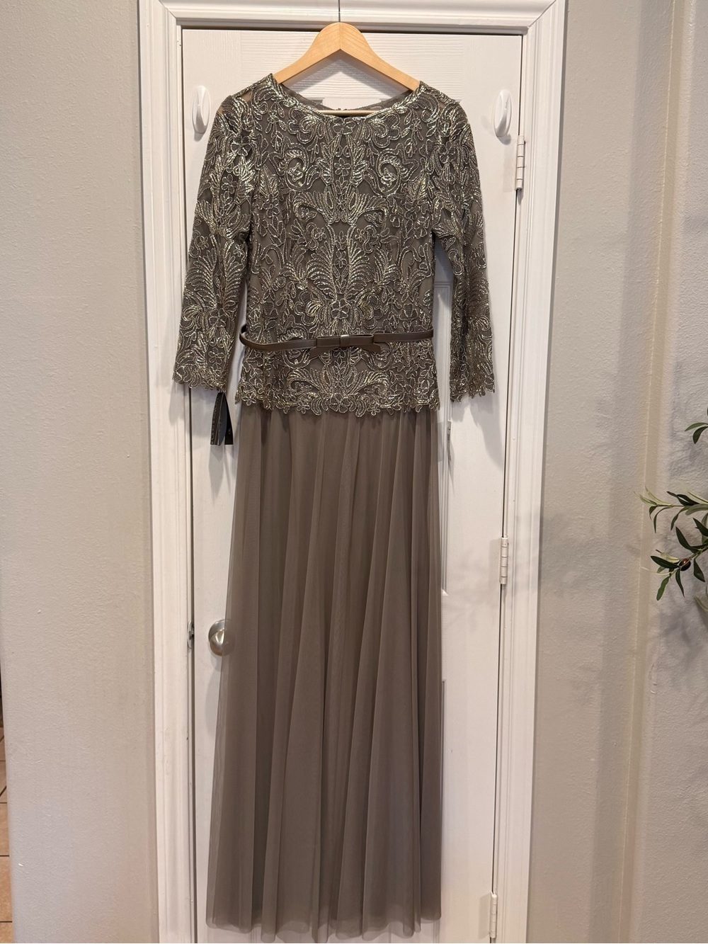 Tadashi Shoji Long Dress Women’s 6 Lace 3/4 Sleeves Belted Taupe Gold Modest NWT - Picture 4 of 14
